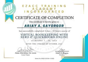 Certificate of Arjay Gayorgor for Completing Xero and QB Bookkeeping 2023