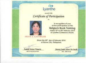 Certificate of Arjay Gayorgor for Completing Belgium Bookkeeping 2014