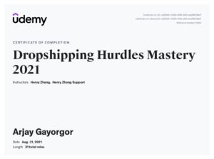 Certificate of Arjay Gayorgor for Completing Dropshipping Hurdles Mastery 2021