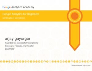 Certificate of arjay gayorgor for completing the course of Google Analytics for Beginners 2023