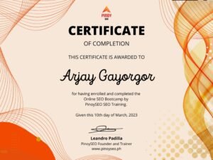 Certificate of Arjay Gayorgor for Completing SEO Bootcamp 2023