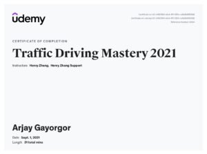 Certificate of Arjay Gayorgor for Completing Traffic Driving Mastery 2021