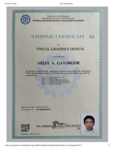 Certificate of Arjay Gayorgor for Passing Visual Graphic Design NC3